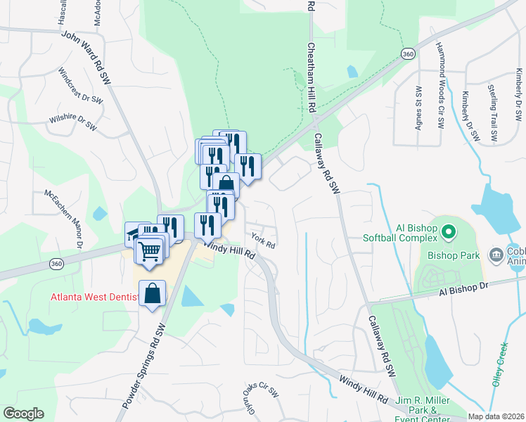 map of restaurants, bars, coffee shops, grocery stores, and more near 282 Leeds Lane Southwest in Marietta