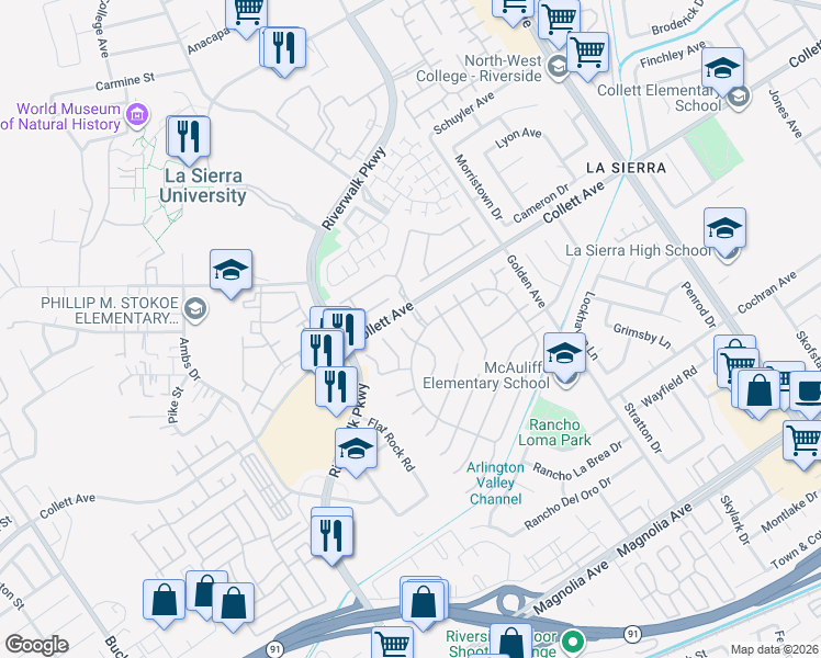 map of restaurants, bars, coffee shops, grocery stores, and more near 4273 Lakefall Court in Riverside