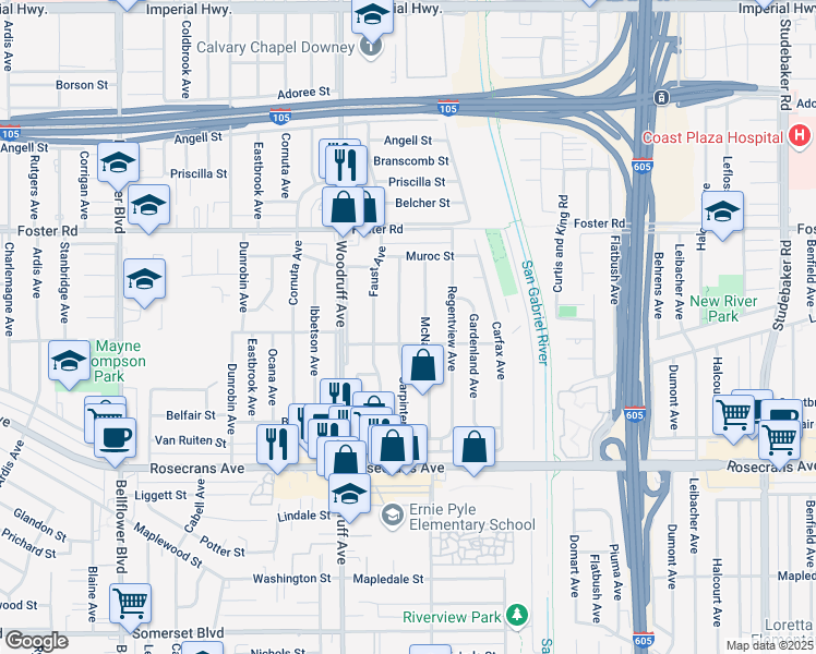 map of restaurants, bars, coffee shops, grocery stores, and more near 13803 Carpintero Avenue in Bellflower