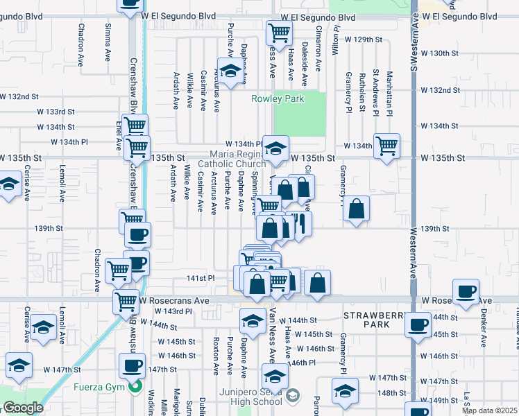 map of restaurants, bars, coffee shops, grocery stores, and more near 13808 Spinning Avenue in Gardena