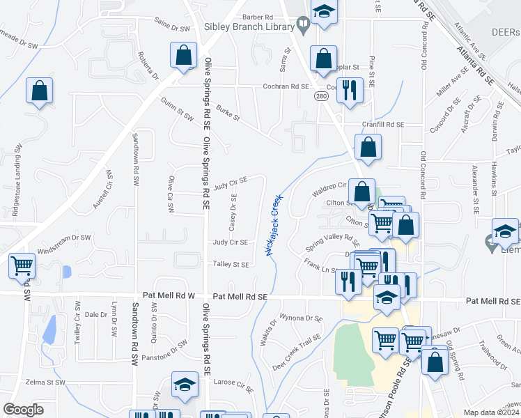 map of restaurants, bars, coffee shops, grocery stores, and more near Judy Cir in Marietta