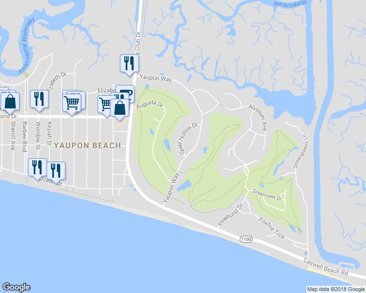 map of restaurants, bars, coffee shops, grocery stores, and more near 9 Quail Hollow Drive in Oak Island