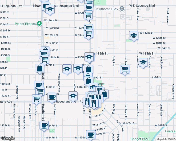 map of restaurants, bars, coffee shops, grocery stores, and more near 13741 Prairie Avenue in Hawthorne