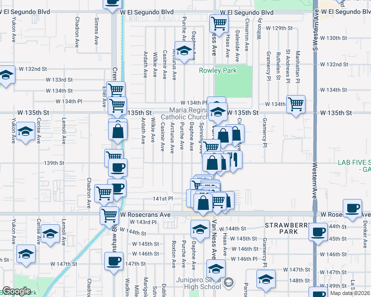 map of restaurants, bars, coffee shops, grocery stores, and more near 13809 Daphne Avenue in Gardena