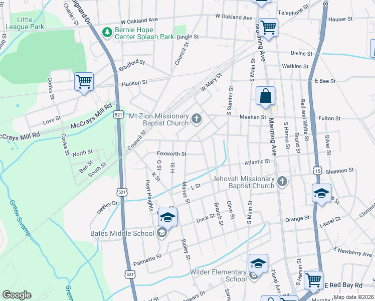 map of restaurants, bars, coffee shops, grocery stores, and more near 10 Foxworth Street in Sumter