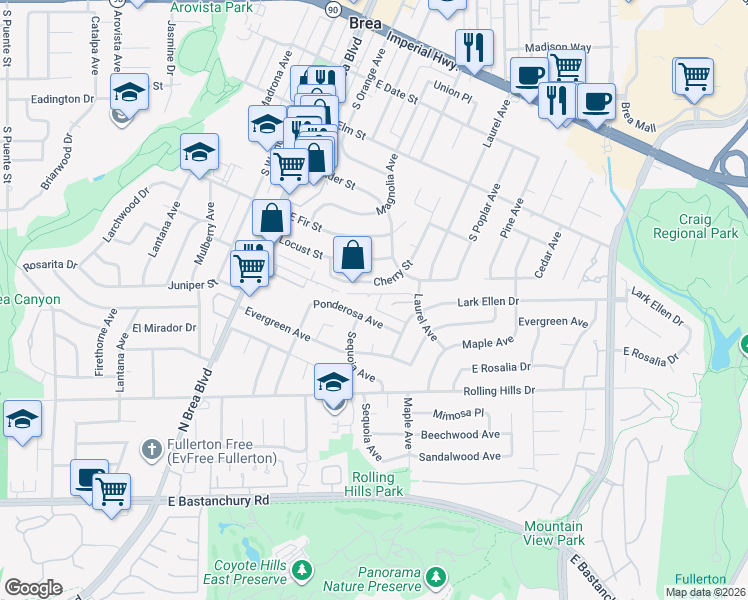 map of restaurants, bars, coffee shops, grocery stores, and more near 3131 Laurel Avenue in Fullerton