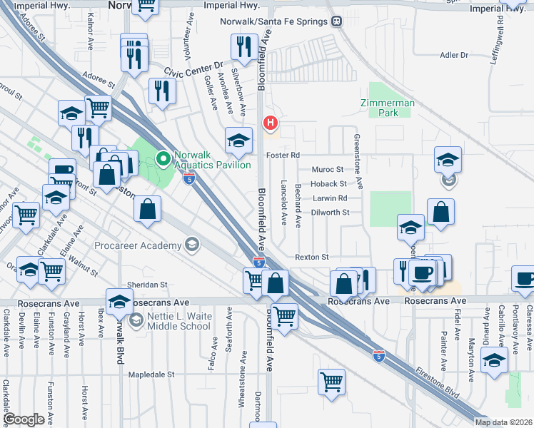 map of restaurants, bars, coffee shops, grocery stores, and more near 13731 Lancelot Avenue in Norwalk