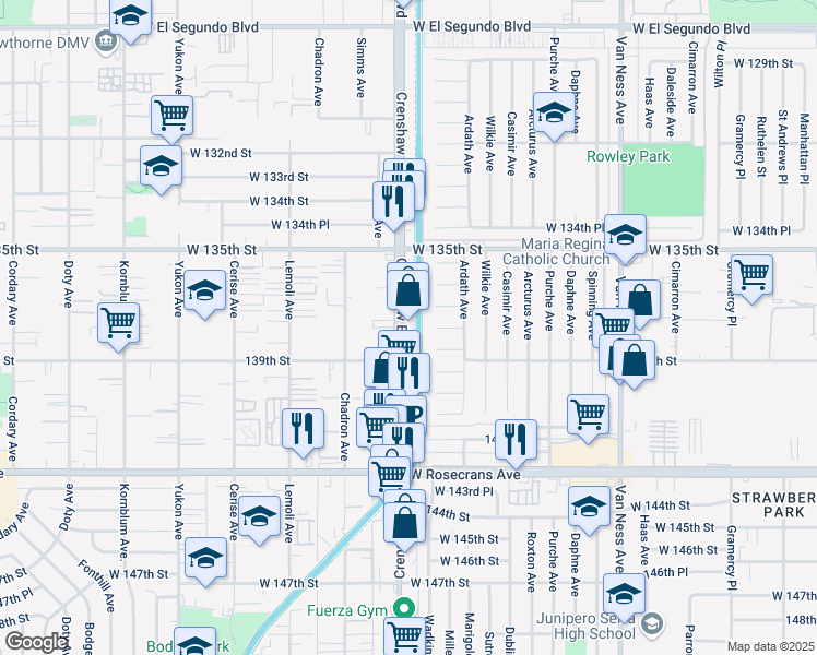 map of restaurants, bars, coffee shops, grocery stores, and more near 13900 Crenshaw Boulevard in Gardena