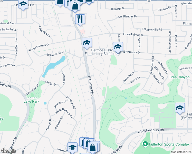 map of restaurants, bars, coffee shops, grocery stores, and more near 3010 San Juan Drive in Fullerton