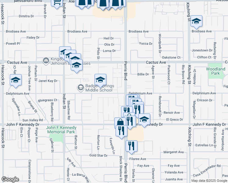 map of restaurants, bars, coffee shops, grocery stores, and more near Gulfstream Lane in Moreno Valley