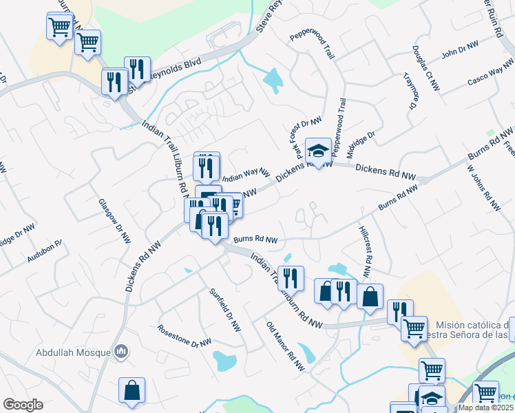 map of restaurants, bars, coffee shops, grocery stores, and more near 1411 Indian Way Northwest in Lilburn