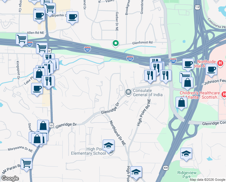 map of restaurants, bars, coffee shops, grocery stores, and more near 5555 Sherrell Drive in Atlanta