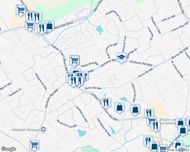 map of restaurants, bars, coffee shops, grocery stores, and more near 1411 Indian Way Northwest in Lilburn