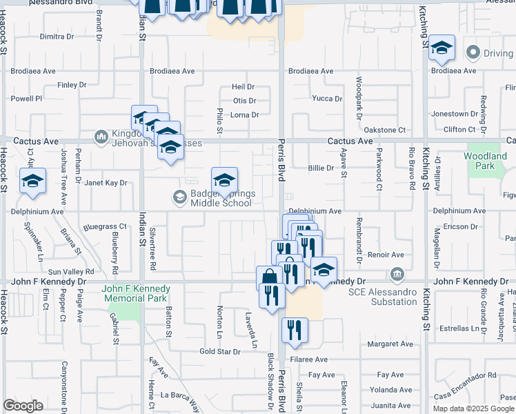 map of restaurants, bars, coffee shops, grocery stores, and more near 24915 Gulfstream Lane in Moreno Valley