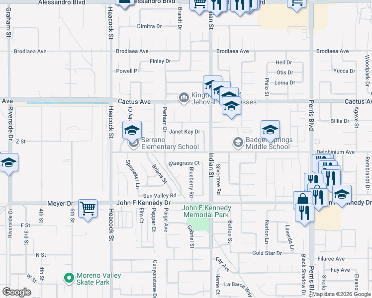 map of restaurants, bars, coffee shops, grocery stores, and more near 24382 Bluegrass Court in Moreno Valley