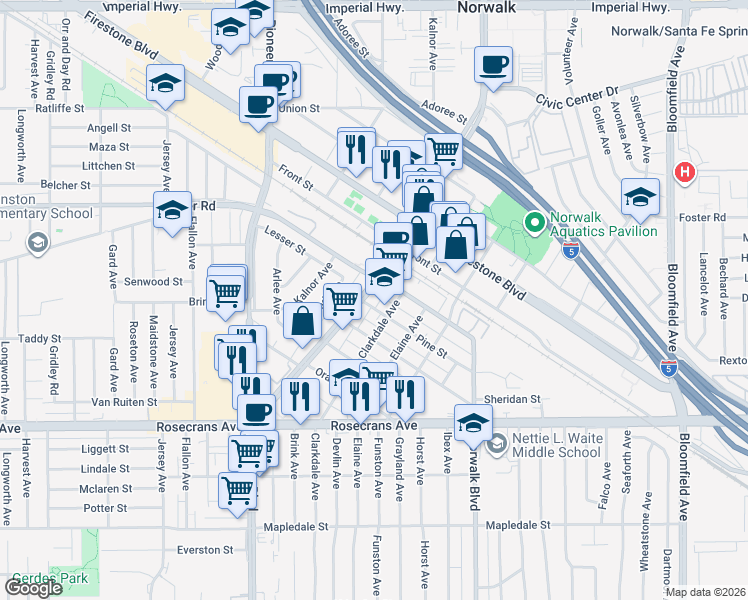 map of restaurants, bars, coffee shops, grocery stores, and more near 13624 San Antonio Drive in Norwalk
