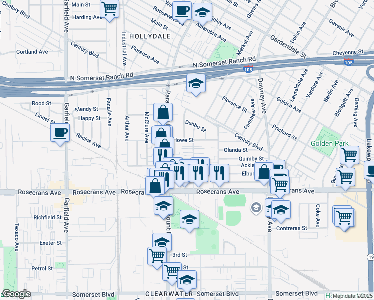 map of restaurants, bars, coffee shops, grocery stores, and more near 14019 Orizaba Avenue in Paramount