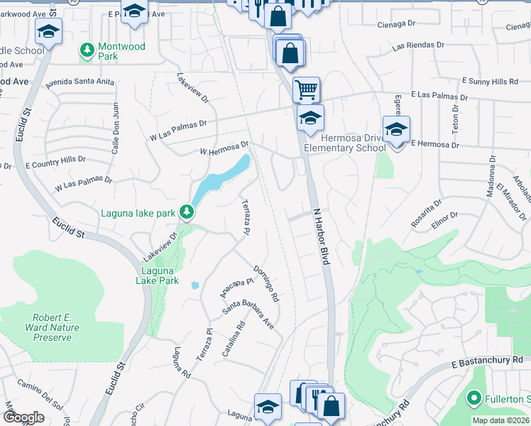map of restaurants, bars, coffee shops, grocery stores, and more near 3107 Santa Rosa Place in Fullerton