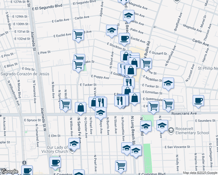 map of restaurants, bars, coffee shops, grocery stores, and more near 1108 East Tucker Street in Compton