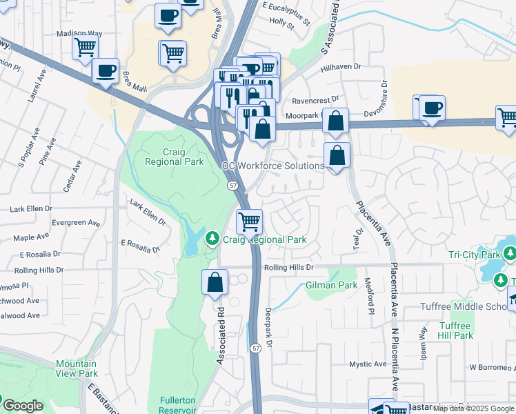 map of restaurants, bars, coffee shops, grocery stores, and more near 2851 Rolling Hills Drive in Fullerton