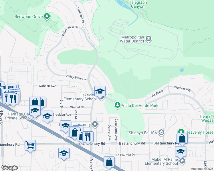 map of restaurants, bars, coffee shops, grocery stores, and more near 17573 Cloverdale Way in Yorba Linda