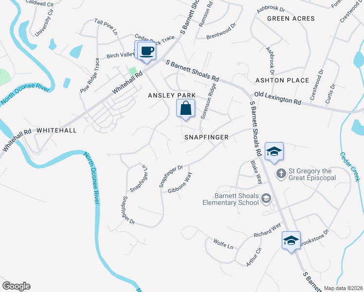 map of restaurants, bars, coffee shops, grocery stores, and more near 205 Lea Court in Athens