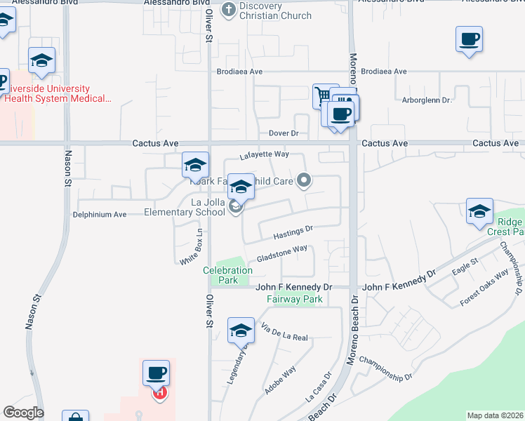 map of restaurants, bars, coffee shops, grocery stores, and more near 27687 Fairmont Drive in Moreno Valley