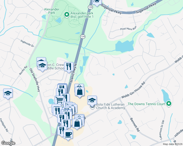 map of restaurants, bars, coffee shops, grocery stores, and more near 1030 Lakebend Drive in Lawrenceville