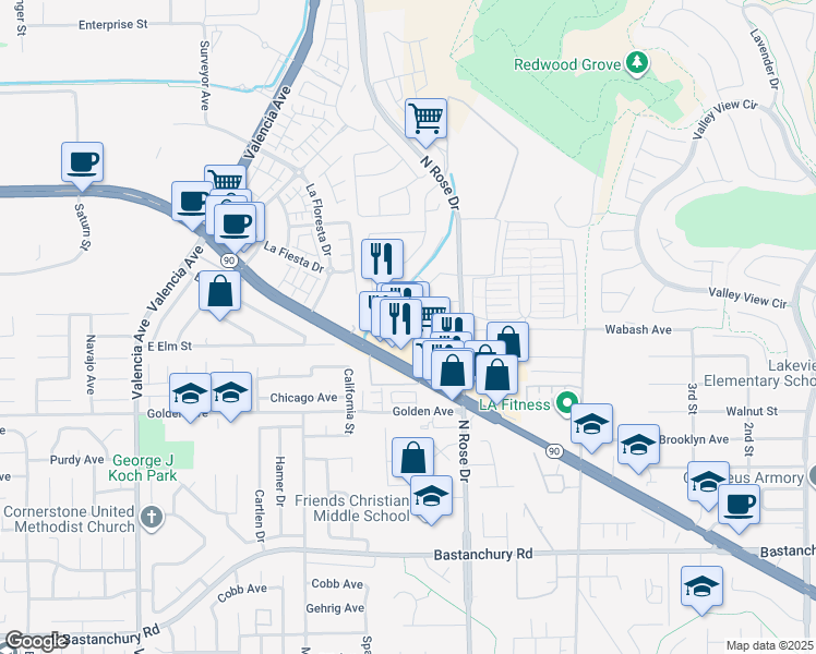 map of restaurants, bars, coffee shops, grocery stores, and more near 1044 Promenade Avenue in Placentia