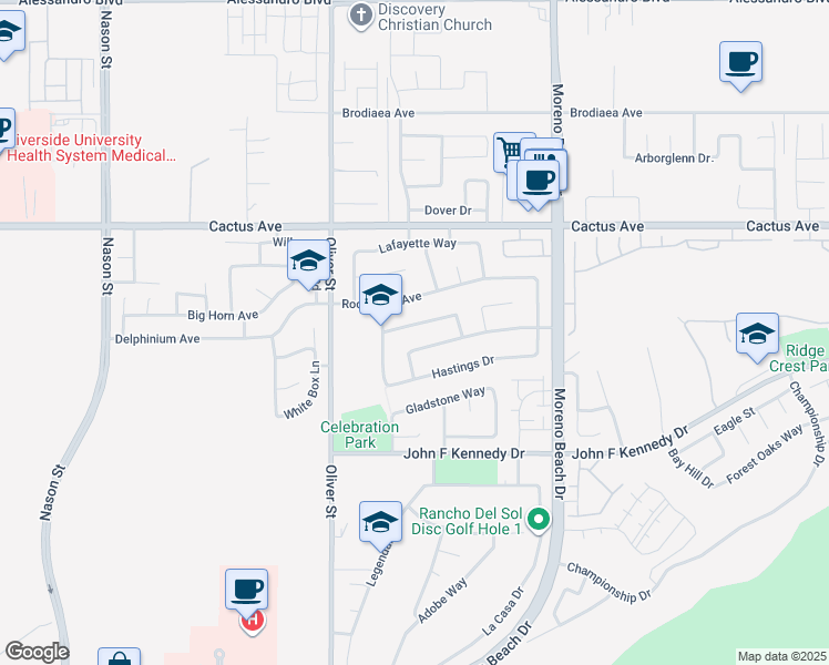 map of restaurants, bars, coffee shops, grocery stores, and more near 27687 Fairmont Drive in Moreno Valley