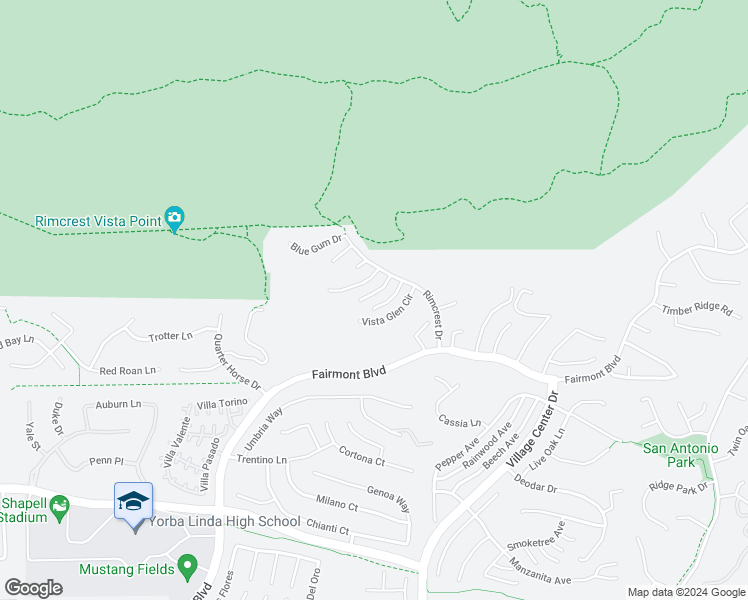 map of restaurants, bars, coffee shops, grocery stores, and more near 3670 Sherwood Drive in Yorba Linda