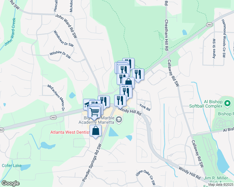 map of restaurants, bars, coffee shops, grocery stores, and more near 1720 Powder Springs Road Southwest in Marietta