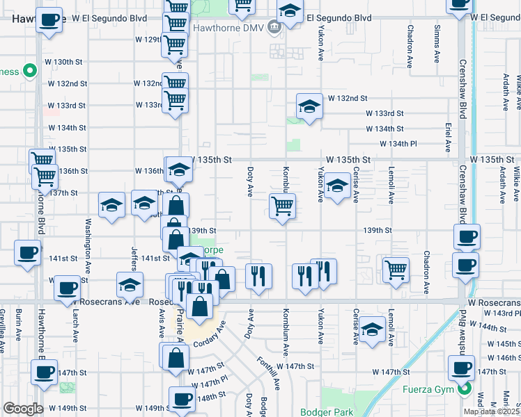 map of restaurants, bars, coffee shops, grocery stores, and more near 13817 Doty Avenue in Hawthorne
