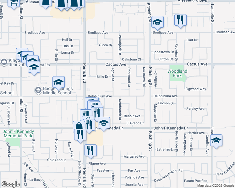 map of restaurants, bars, coffee shops, grocery stores, and more near 25252 Delphinium Avenue in Moreno Valley