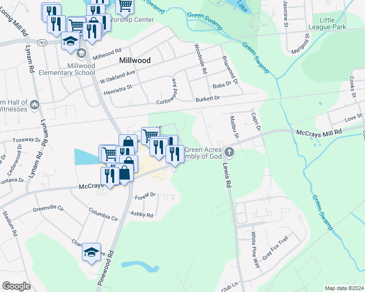 map of restaurants, bars, coffee shops, grocery stores, and more near 435 McLeary Lane in Sumter