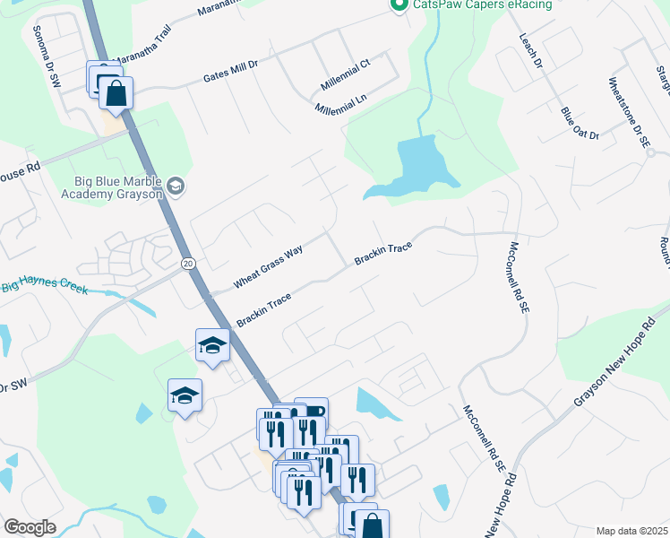 map of restaurants, bars, coffee shops, grocery stores, and more near 361 Brackin Trace in Grayson