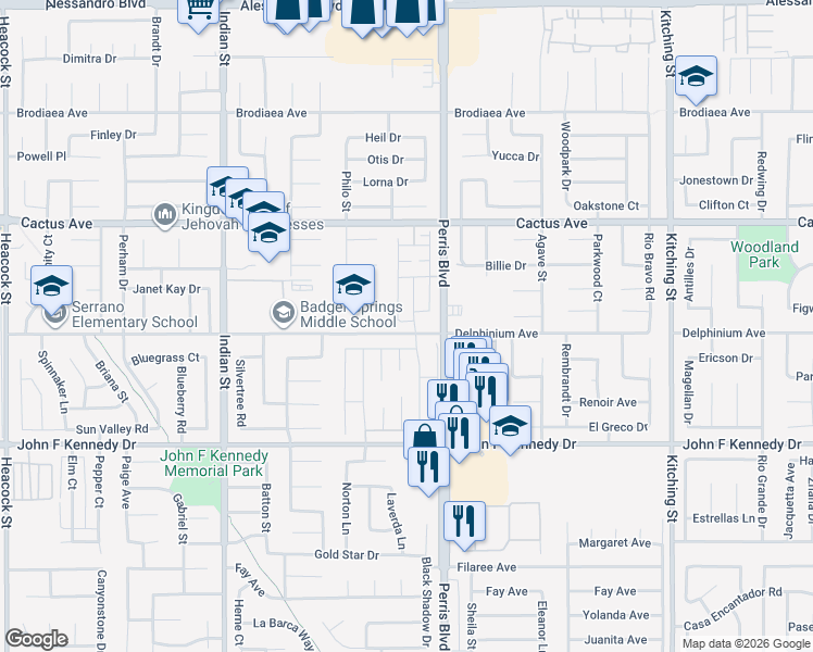 map of restaurants, bars, coffee shops, grocery stores, and more near 24915 Gulfstream Lane in Moreno Valley