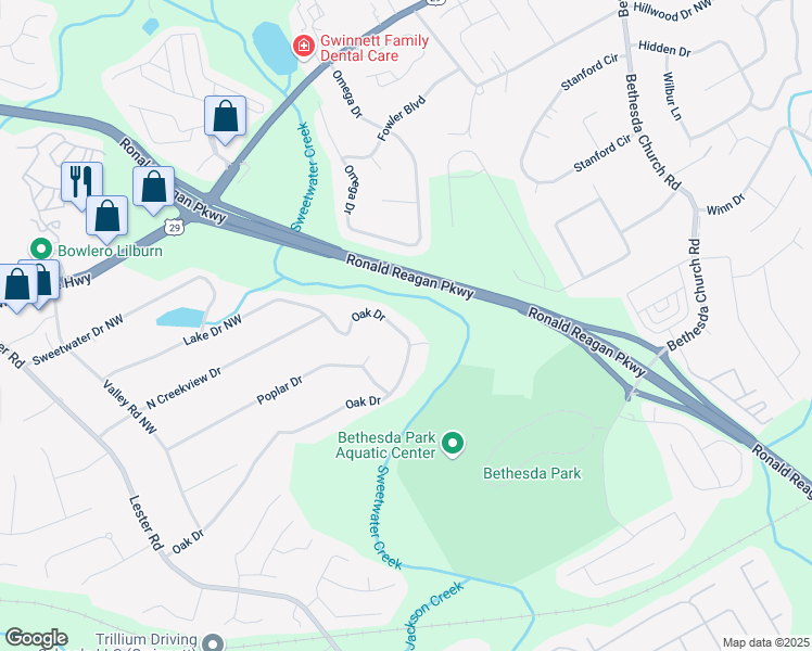map of restaurants, bars, coffee shops, grocery stores, and more near 3144 Oak Drive in Lawrenceville