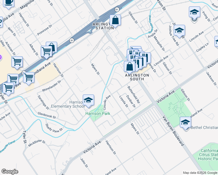 map of restaurants, bars, coffee shops, grocery stores, and more near 2915 Stockton Court in Riverside