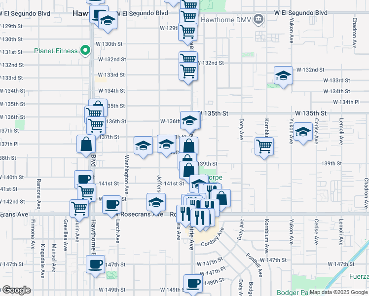 map of restaurants, bars, coffee shops, grocery stores, and more near 4029 138th Street in Hawthorne