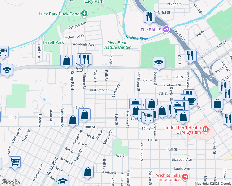 map of restaurants, bars, coffee shops, grocery stores, and more near 622 Sunset Drive in Wichita Falls