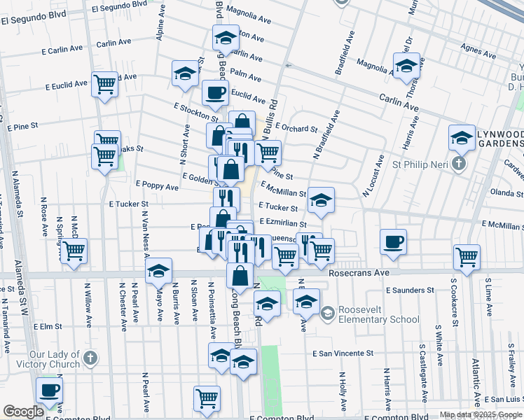 map of restaurants, bars, coffee shops, grocery stores, and more near 1508 East Tucker Street in Compton