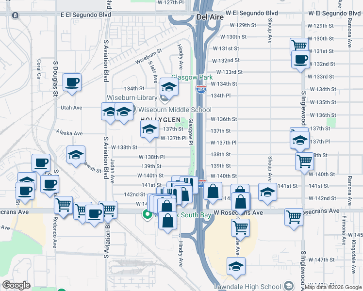 map of restaurants, bars, coffee shops, grocery stores, and more near 5305 West 138th Place in Hawthorne