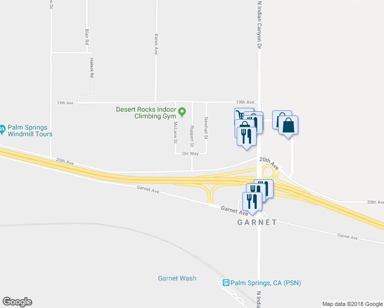map of restaurants, bars, coffee shops, grocery stores, and more near Orr Way in Palm Springs