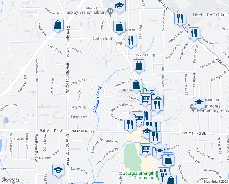 map of restaurants, bars, coffee shops, grocery stores, and more near 1856 Waldrep Circle Southeast in Marietta