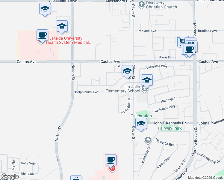 map of restaurants, bars, coffee shops, grocery stores, and more near 27336 Delphinium Avenue in Moreno Valley