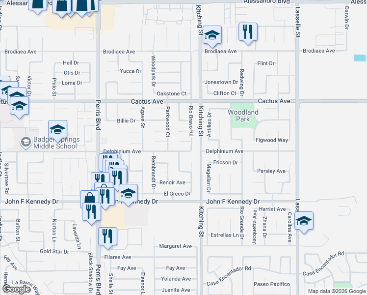 map of restaurants, bars, coffee shops, grocery stores, and more near 14760 Alba Way in Moreno Valley