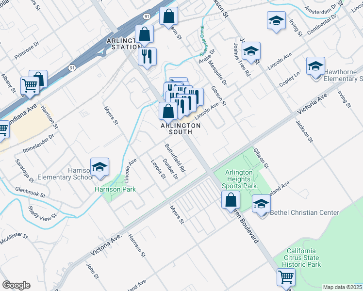 map of restaurants, bars, coffee shops, grocery stores, and more near 9560 Charter Oak Lane in Riverside