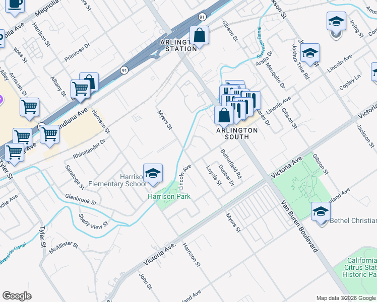 map of restaurants, bars, coffee shops, grocery stores, and more near 2915 Stockton Court in Riverside