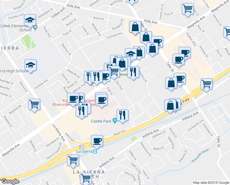 map of restaurants, bars, coffee shops, grocery stores, and more near 3720 Polk Street in Riverside